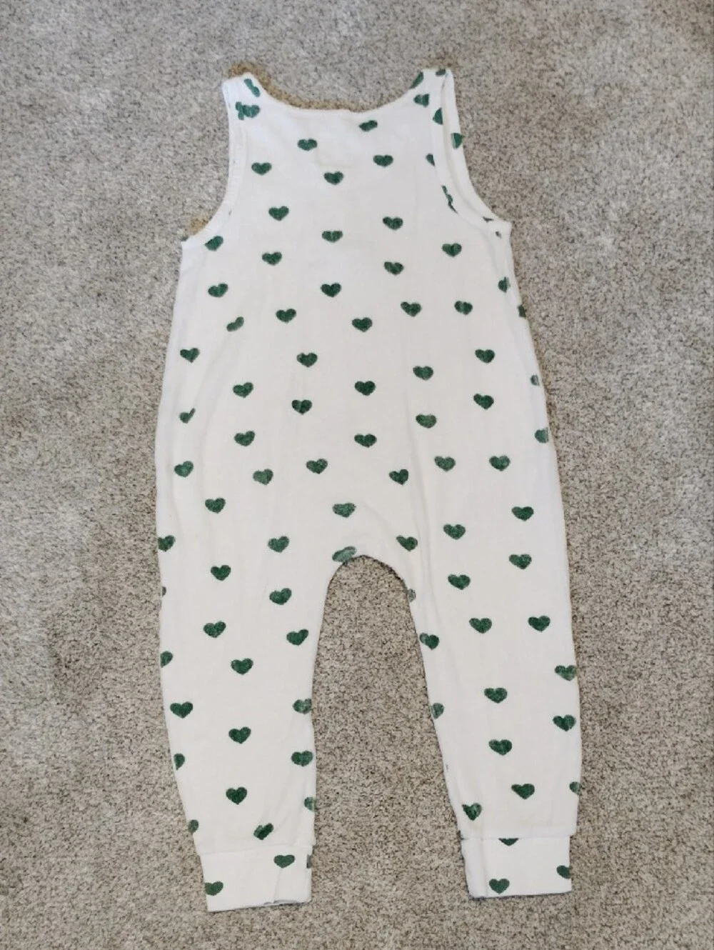 Kids White Sleeveless One-Piece Terry Romper with Green Heart Print